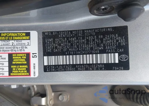 2019 Toyota Camry Le z USA, uszkodzony, nr VIN 4T1B11HK2KU771648